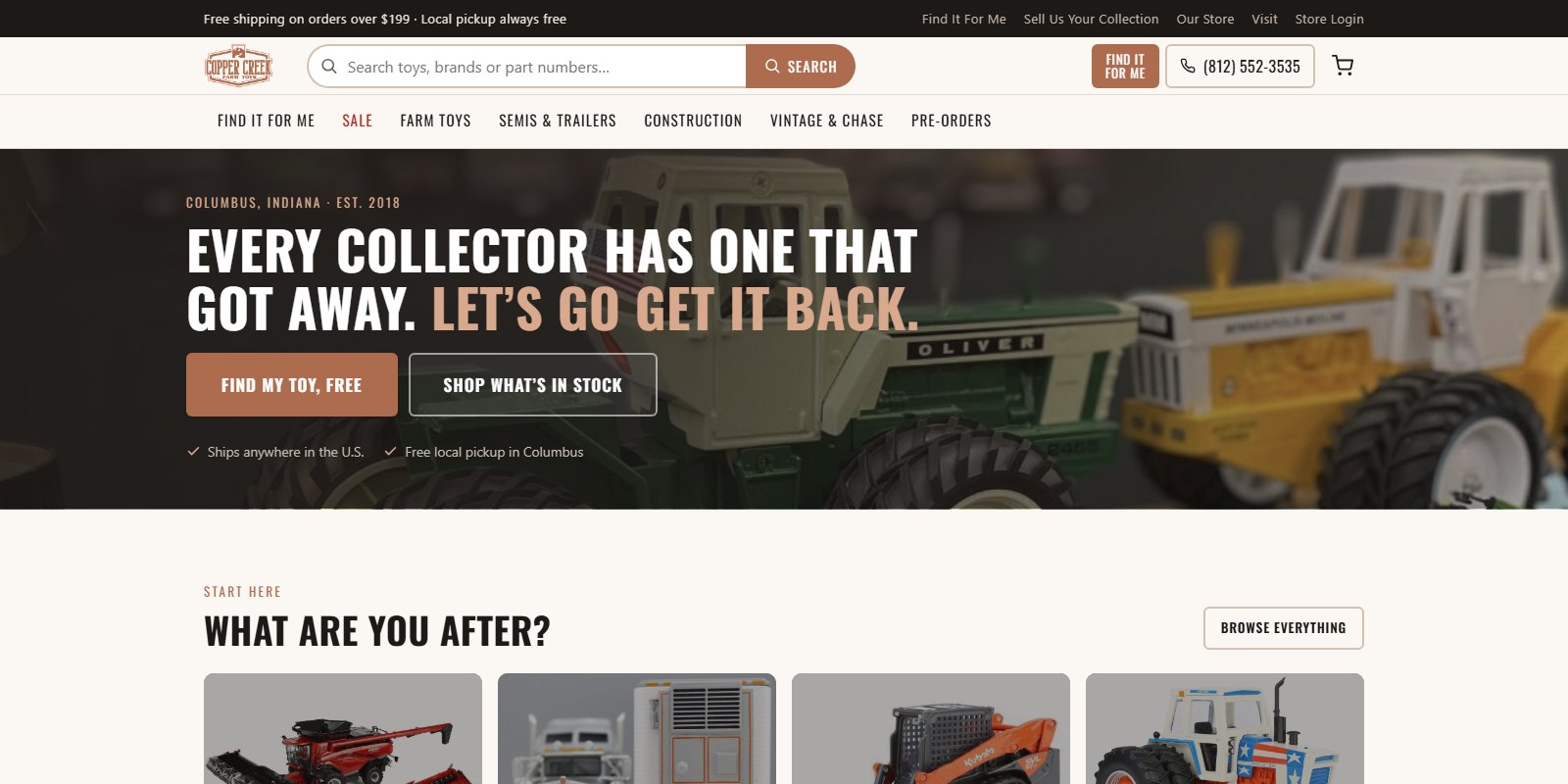 Homepage of Copper Creek Farm Toys, Columbus, Indiana